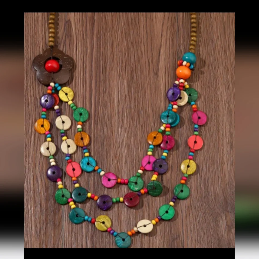 BOHO HIPPIE COLORFUL WOOD BEAD Coconut Shell FLOWER NECKLACE NP - Picture 2 of 7